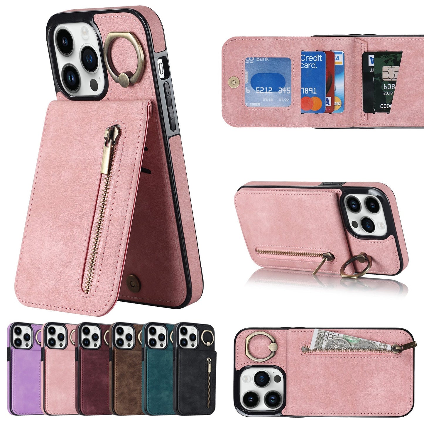 iphone 12 mini back wallet case with ring and zipper pocket RFID