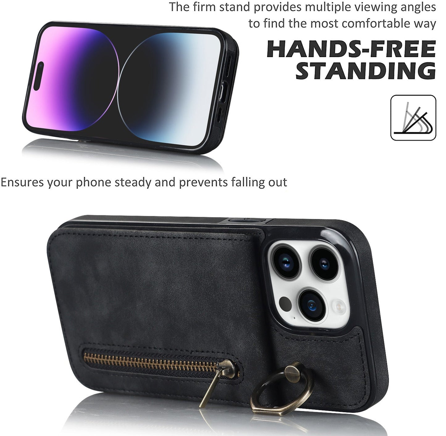 iphone 11 pro back wallet case with ring and zipper pocket RFID