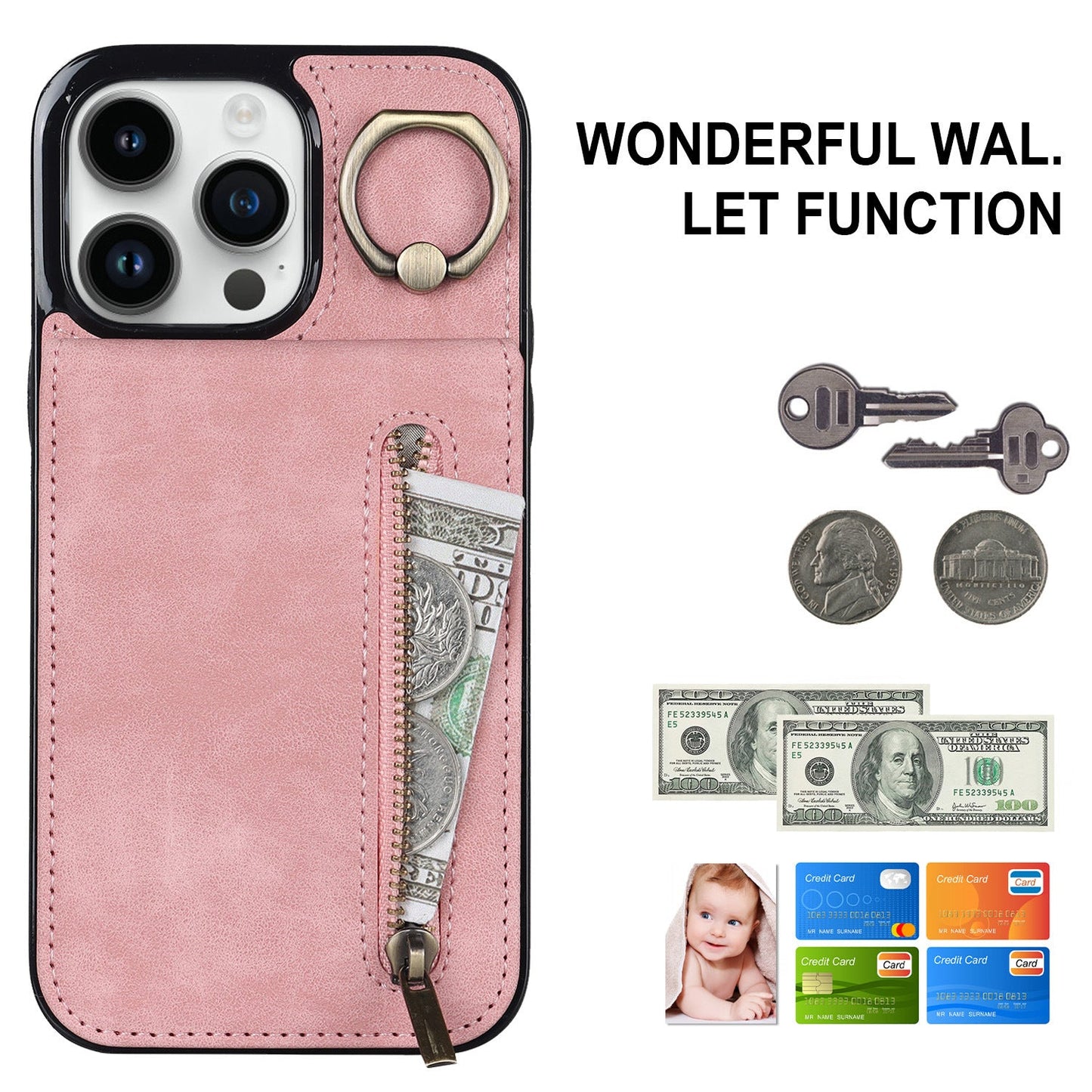 iphone 12 mini back wallet case with ring and zipper pocket RFID