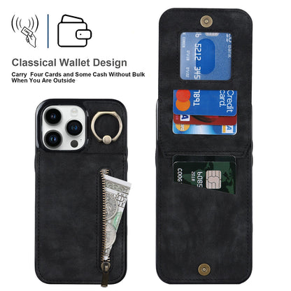 iphone 13 pro back wallet case with ring and zipper pocket RFID
