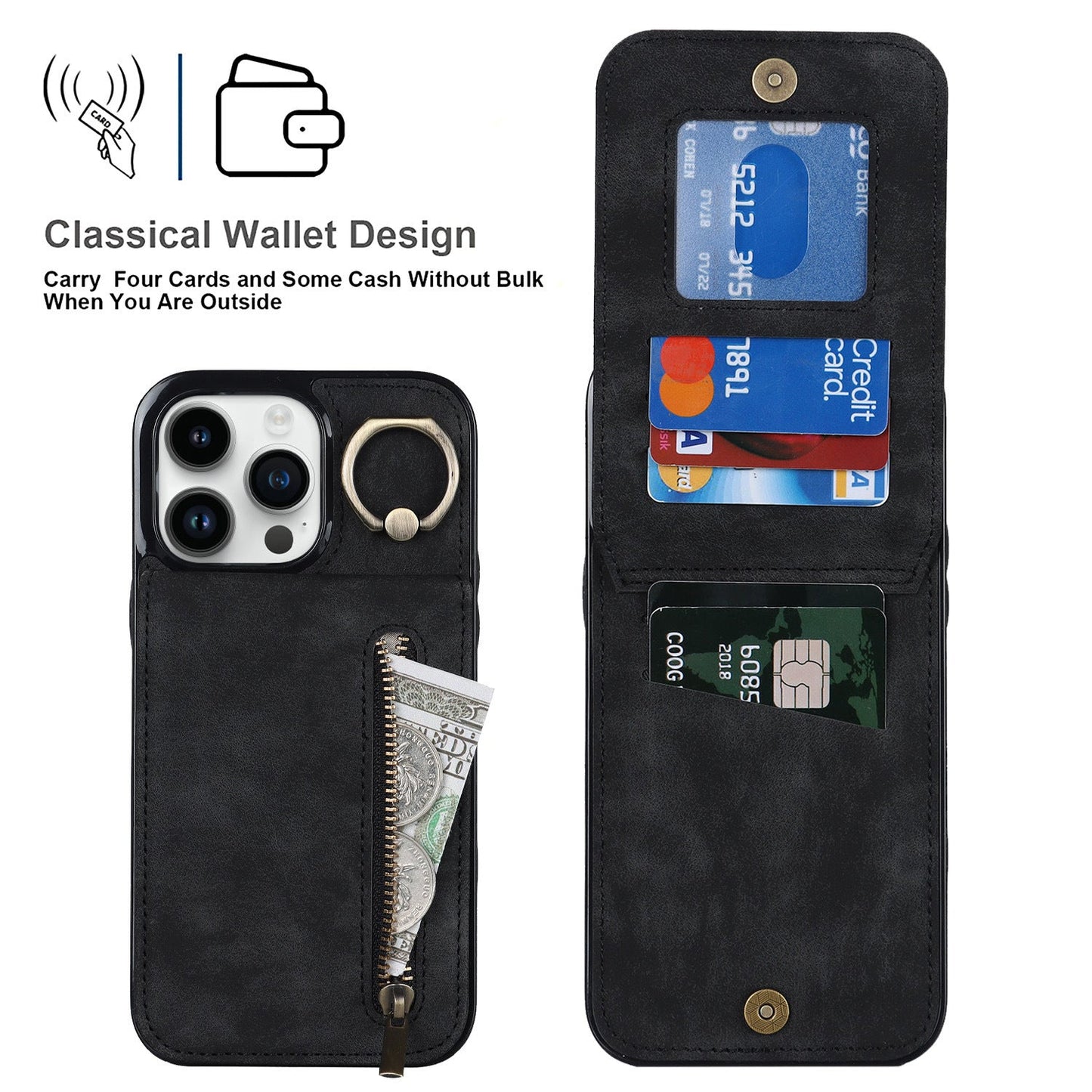 iphone 12 mini back wallet case with ring and zipper pocket RFID