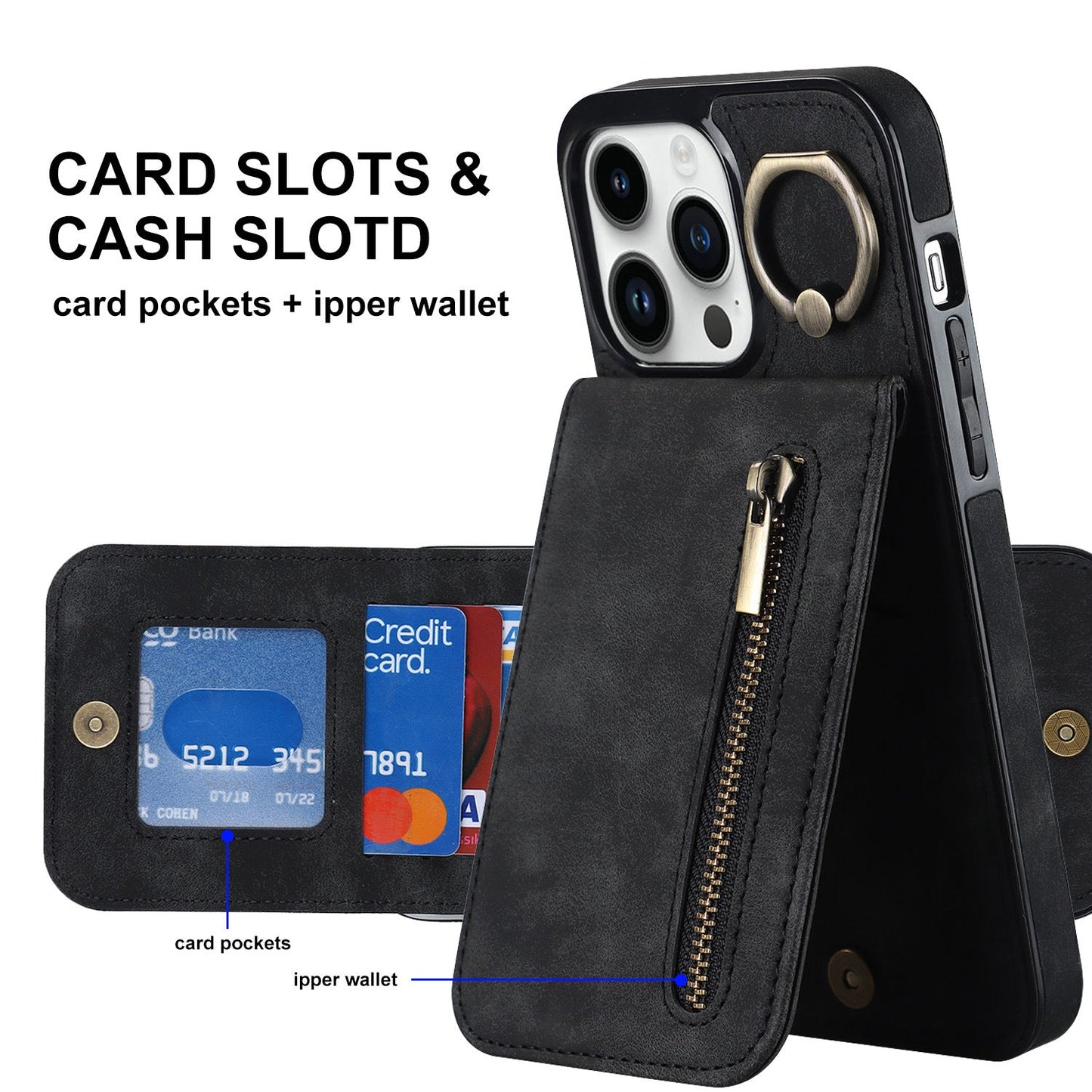 iphone 11 back wallet case with ring and zipper pocket RFID