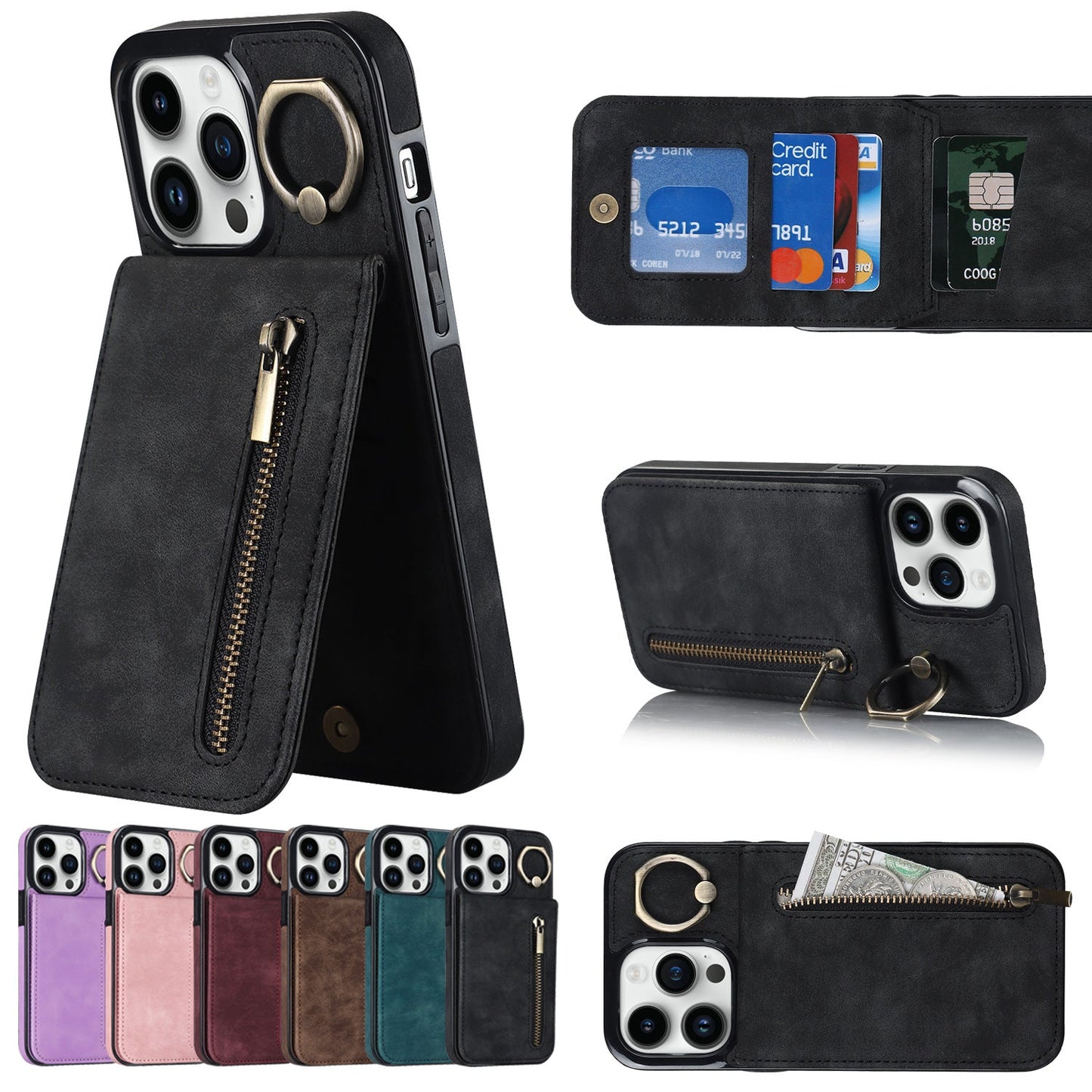 iphone 11 pro back wallet case with ring and zipper pocket RFID