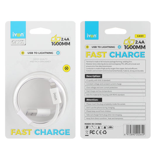ivon 3a usb A to lightning fast charge 1m strong and braided fast cable (ca101-l)