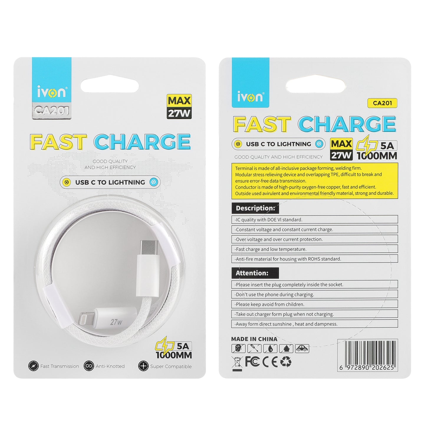 ivon 60W PD Type C to Type C fast cable braided 1M (ca201-c)