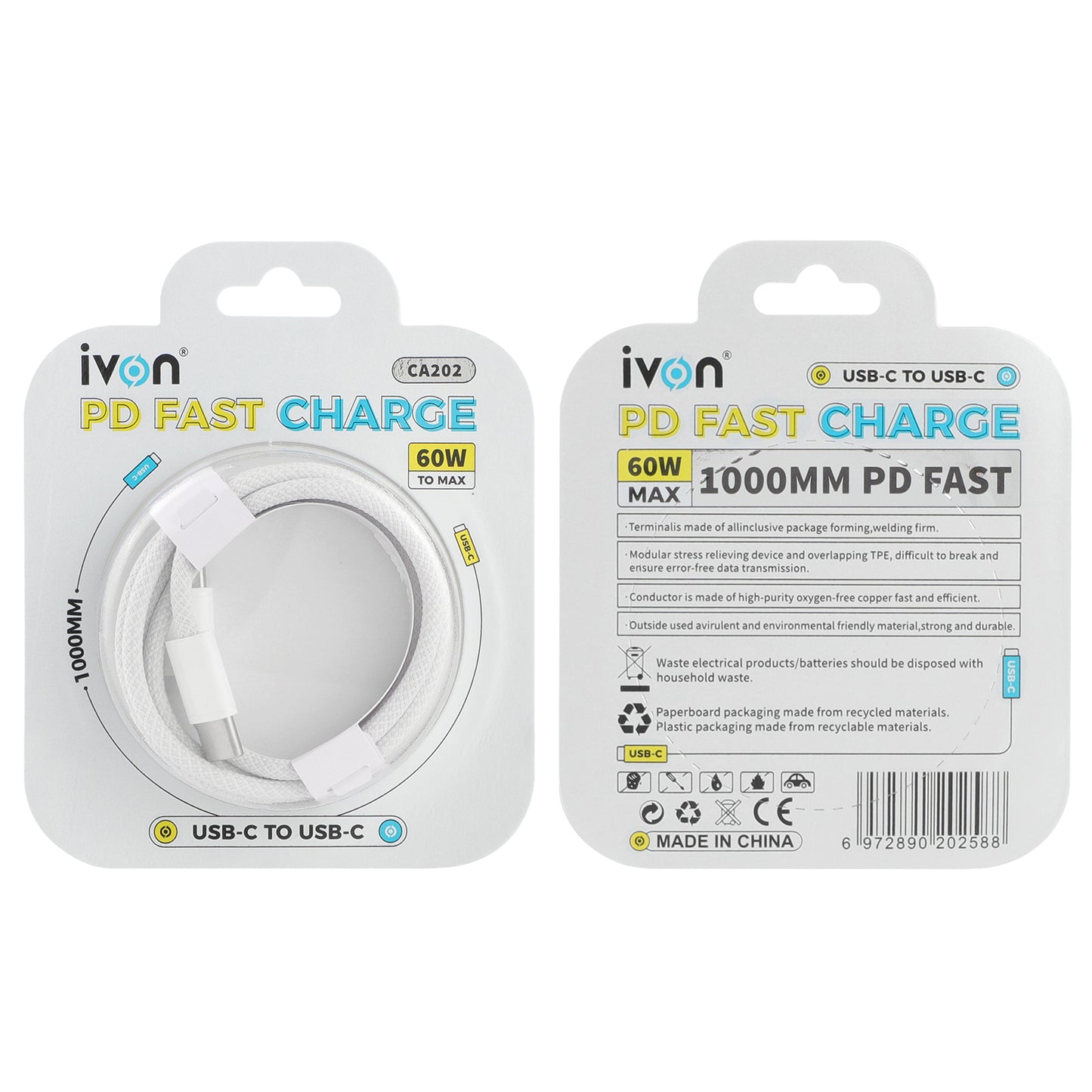 ivon 60W USB C to USB C iphone 15 fast cable 1M (ca202)