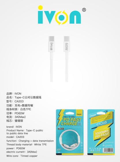 ivon 60W fast charge usb c to usb c 1m (ca203)
