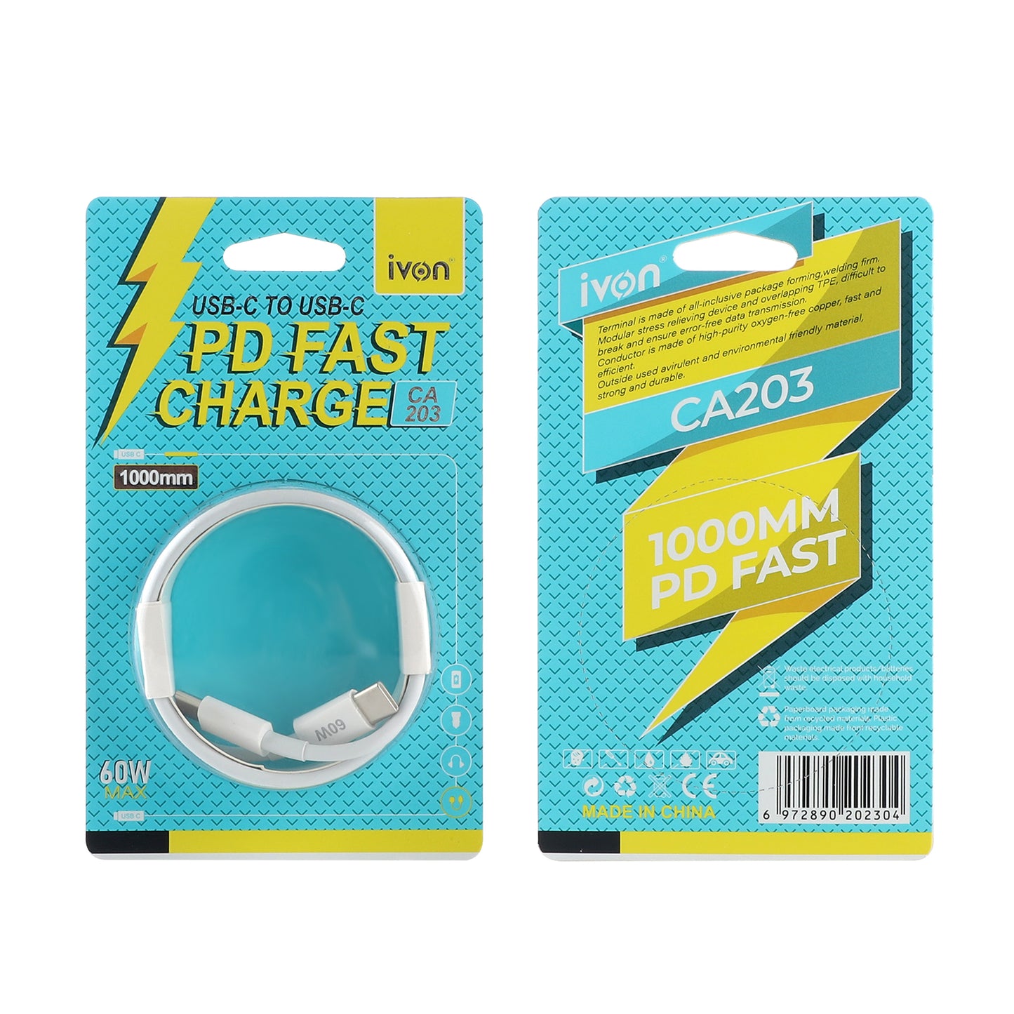 ivon 60W fast charge usb c to usb c 1m (ca203)