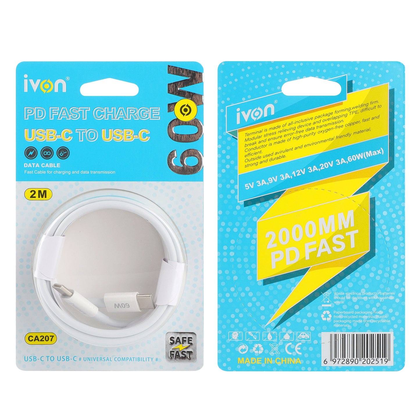 ivon 60W fast charge usb c to usb c 2m (ca207)