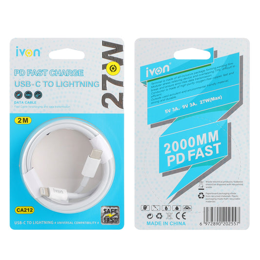 ivon 27w usb c to lightning cable pd fast charge 2 meter length (ca212)