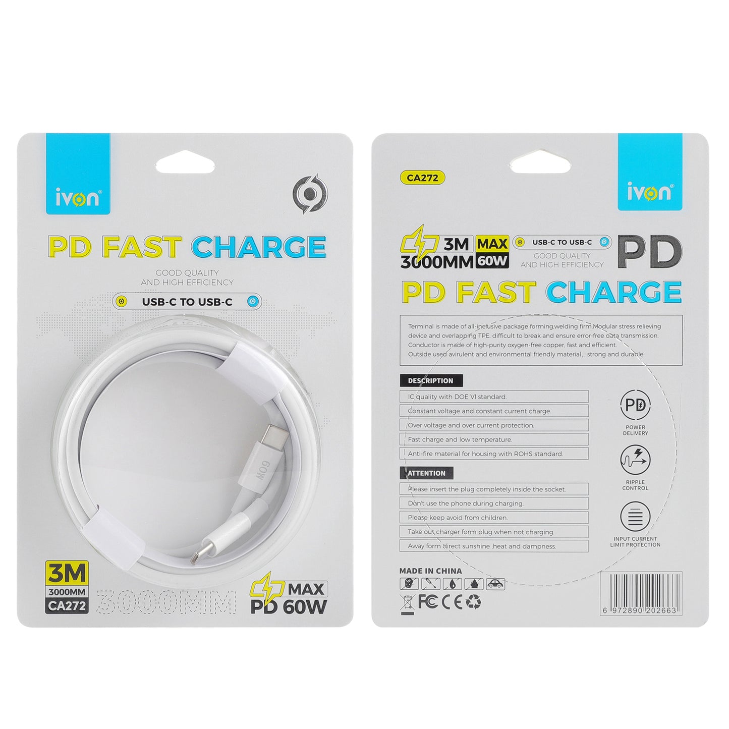 Ivon 3M PD 60W Type C to Type C fast cable (ca272)