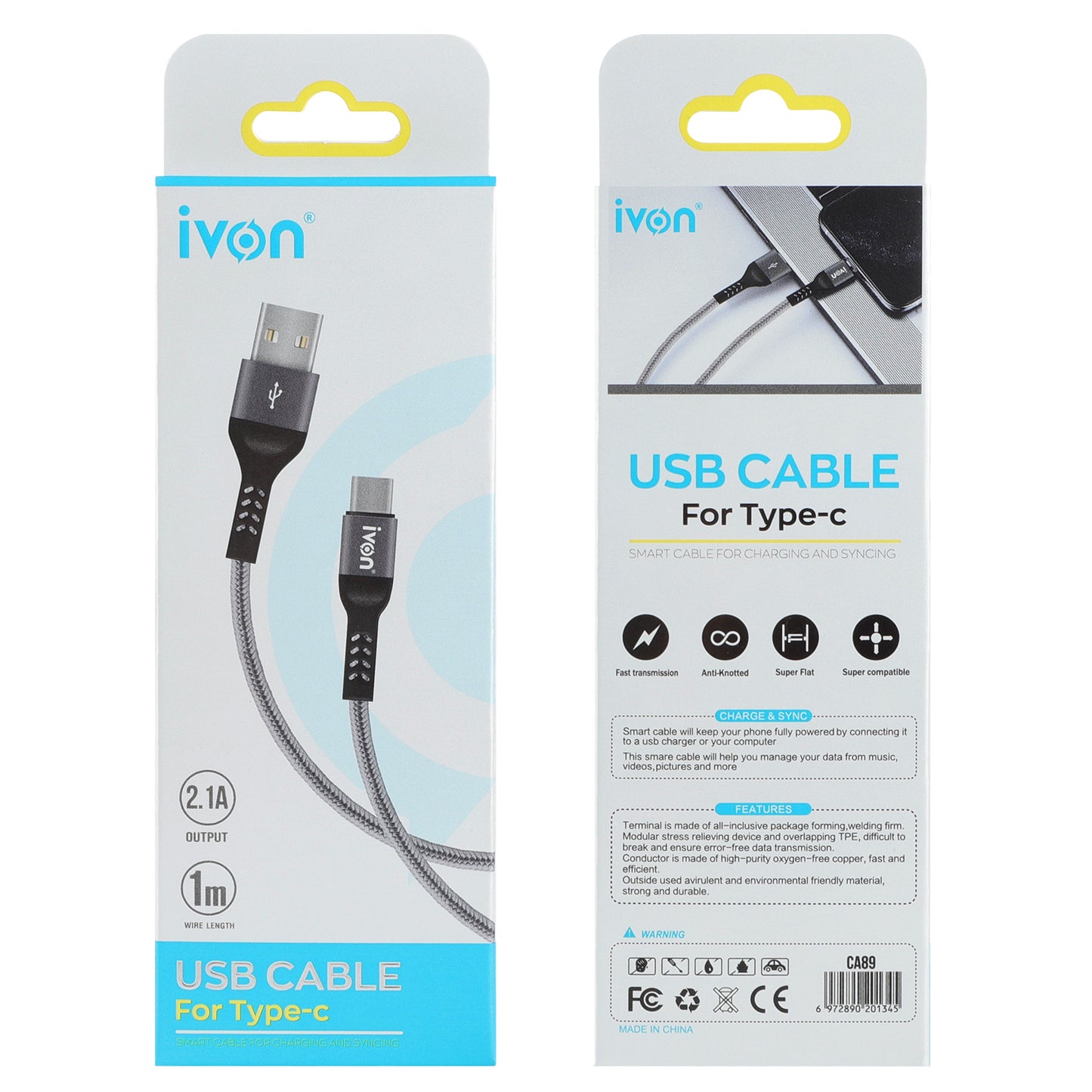 ivon usb A to usb C cable 2.1A braided w metal shield strong & durable 1M (ca89-C)