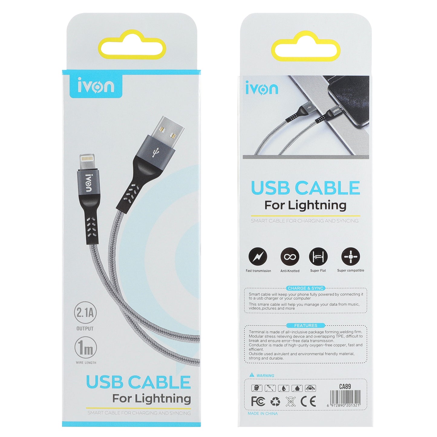 ivon usb A to lightning cable 2.1A braided w metal shield strong & durable 1M (ca89-L)
