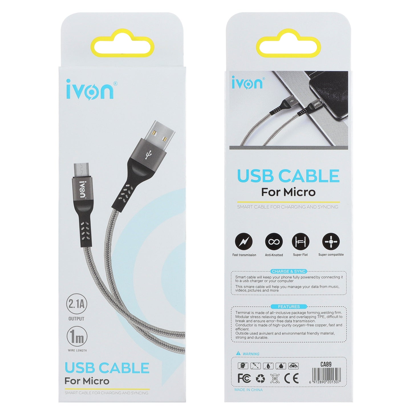 ivon usb A to micro usb cable 2.1A braided w metal shield strong & durable 1M (ca89-M)