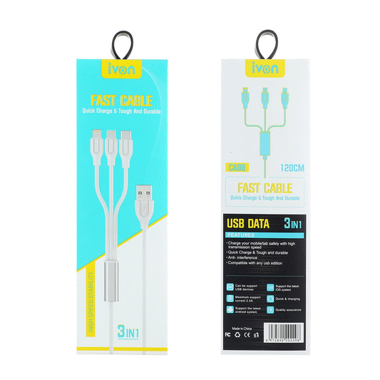 ivon 3 in 1 cable mate fast charge for type c/micro usb/lightning  1M+0.2M (ca98)