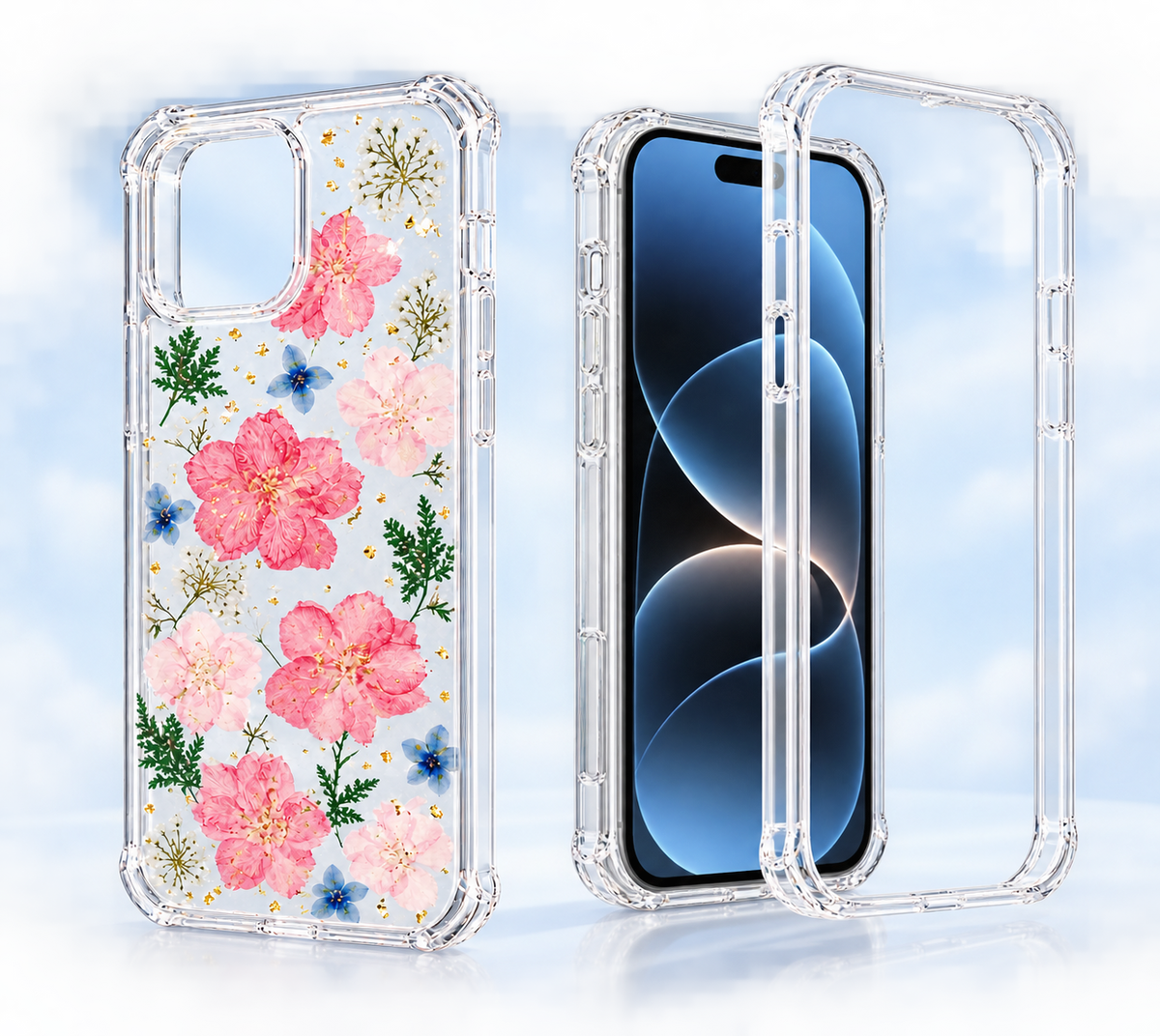 iPhone 13 Pro 2pc shockproof clear case resin exposy floral camera protection