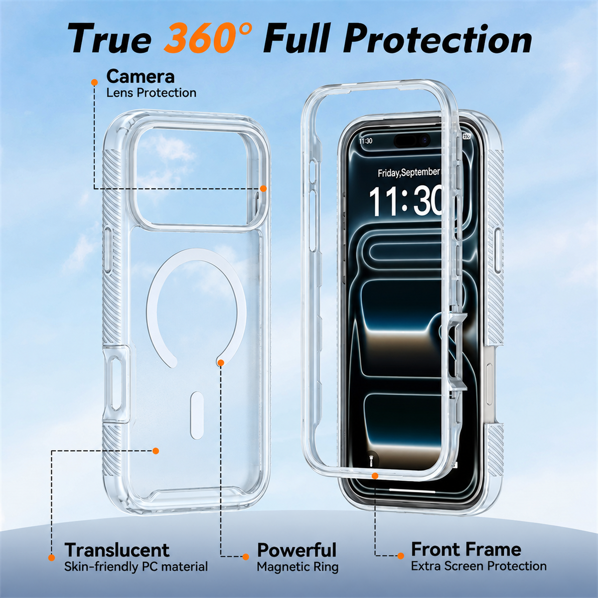 iPhone 17 Pro / 18 Pro case MagSafe 360° Front + Back Protection matte finish clear case