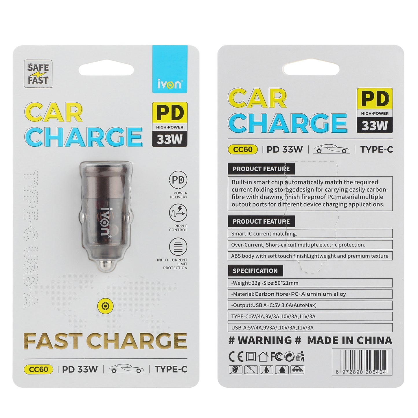 Ivon Dual port Car Charger : 33W PD fast charger support 25w super fast charge for samsung & 20w fast charge for IP cc60