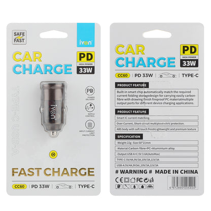 Ivon Dual port Car Charger : 33W PD fast charger support 25w super fast charge for samsung & 20w fast charge for IP cc60