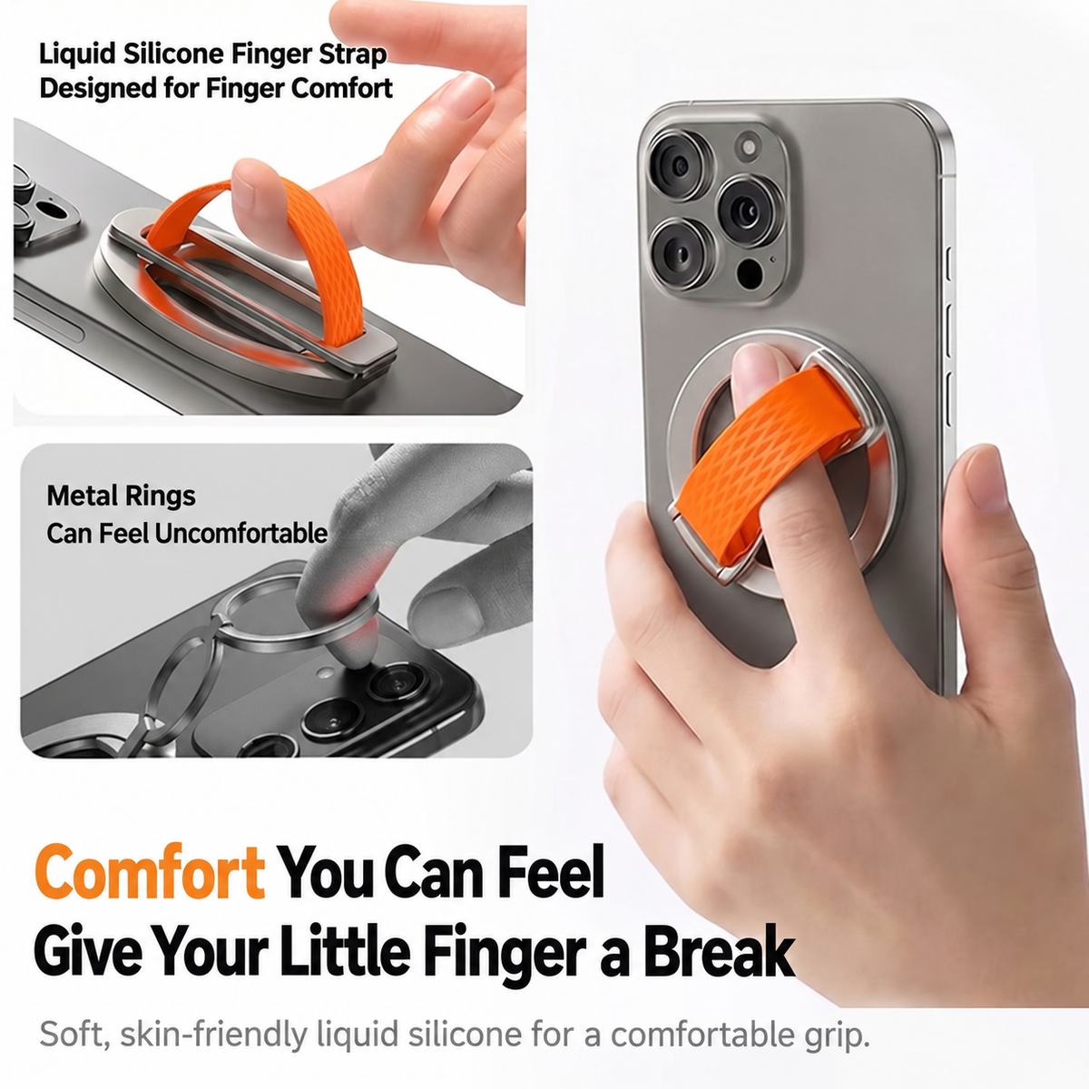 Magnetic Phone Grip & Foldable Stand with Soft Silicone Finger Strap