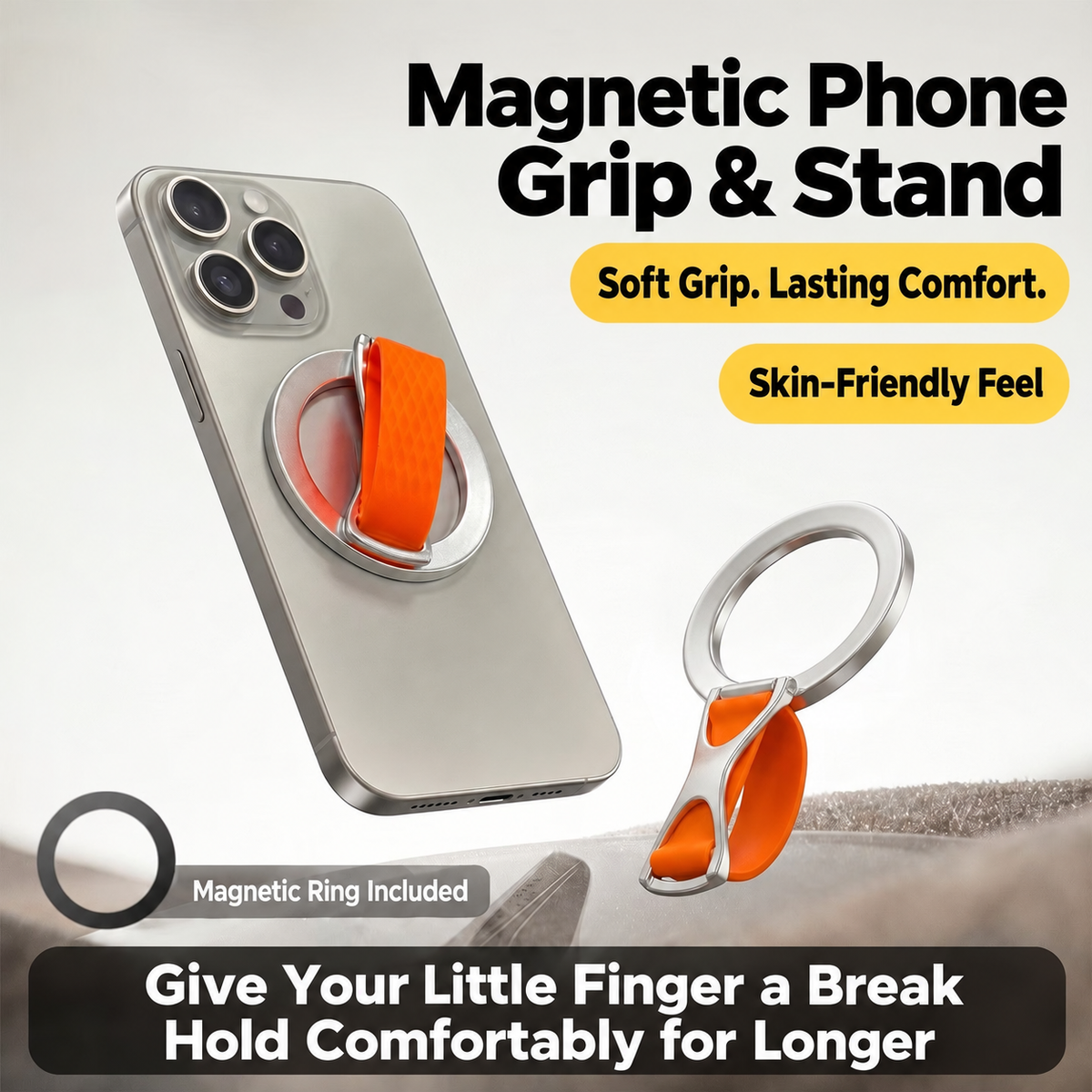 Magnetic Phone Grip & Foldable Stand with Soft Silicone Finger Strap