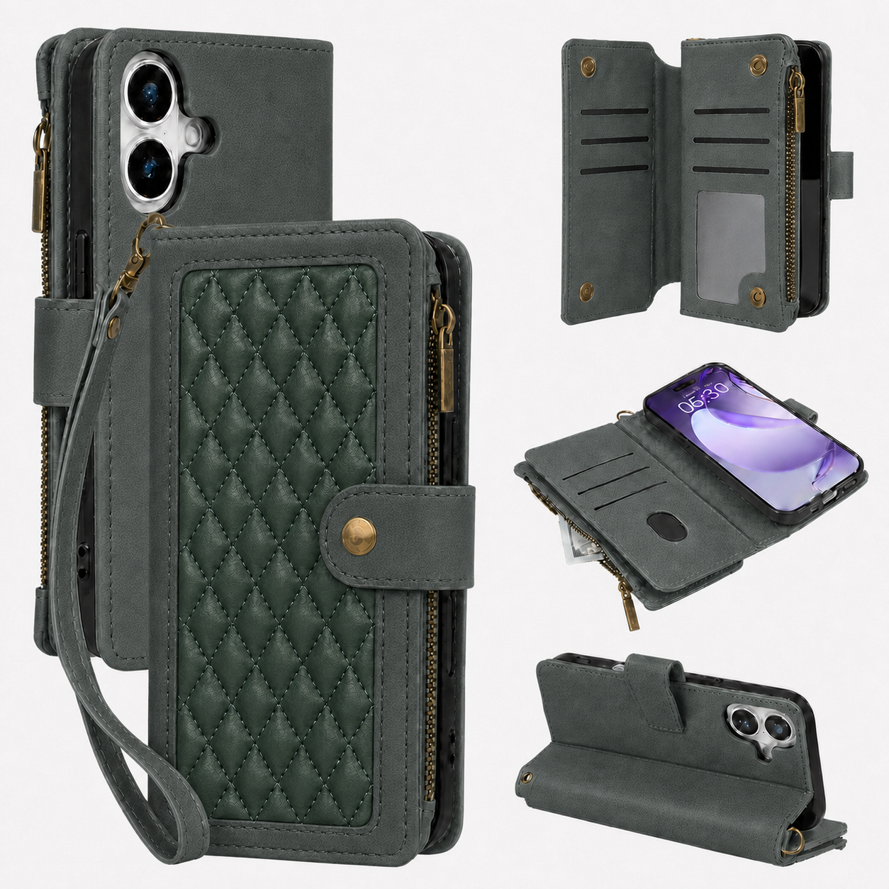 Google Pixel 10 Quilted Zip Wallet Case suede finish dual tone 9 card (w-017)
