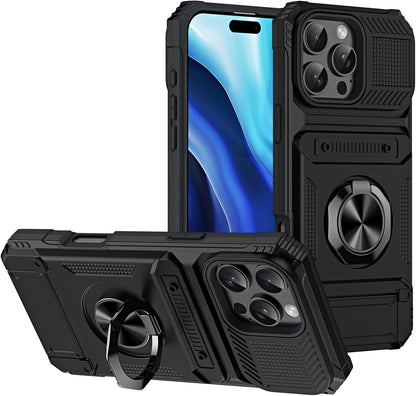 Iphone 17 pro max dual layer case with ring holder & hidden 2-card compartment