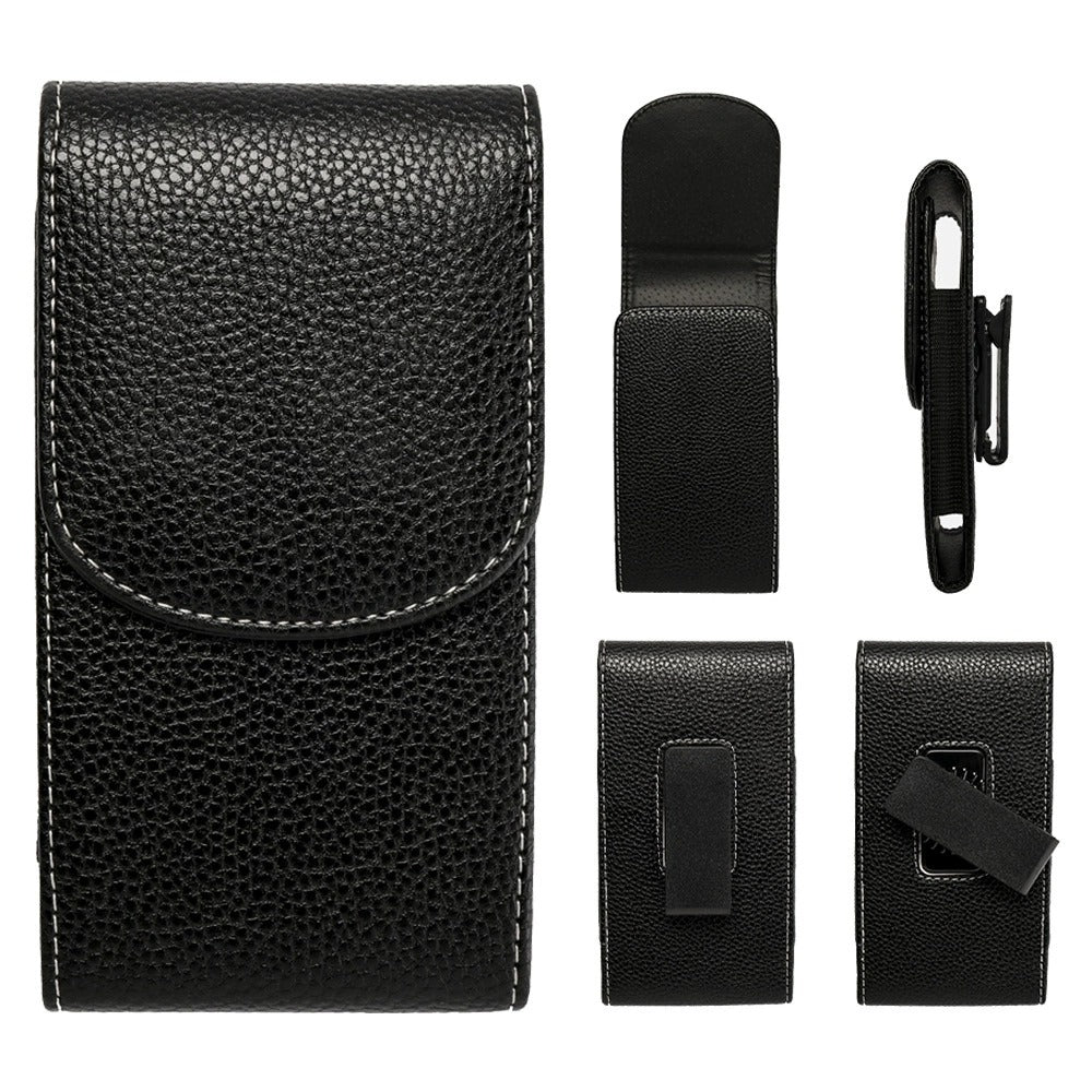 PU Leather Belt Clip Phone Holster Vertical Pouch with Magnetic Flap, Black