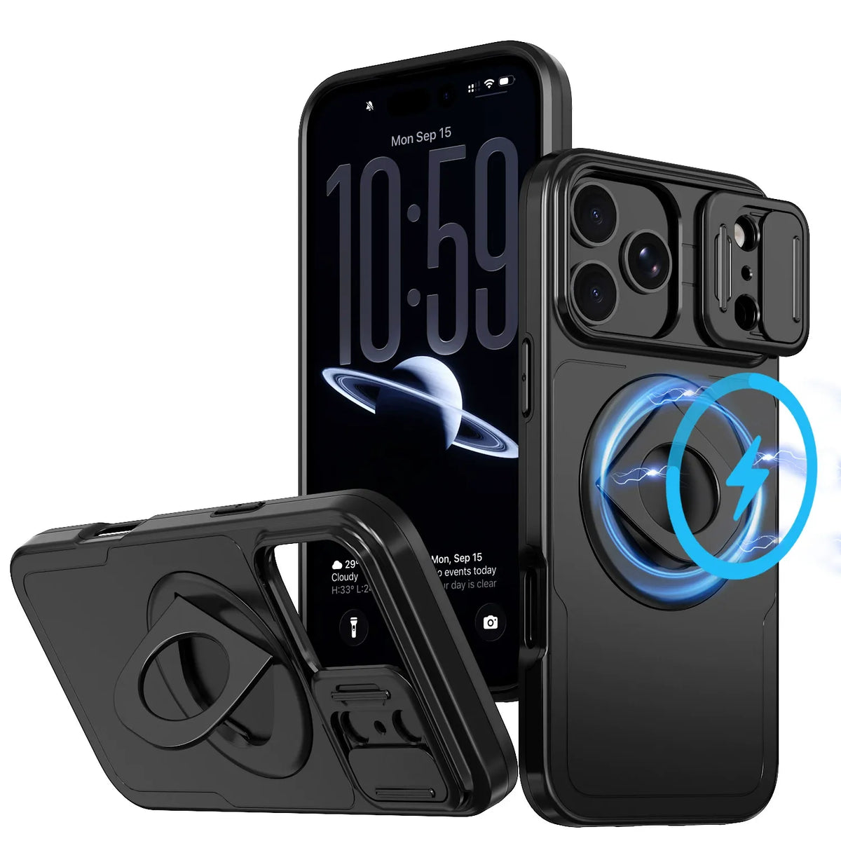 Iphone 16 matte finish dual layer case with ring holder & camera shutter magsafe (B014)
