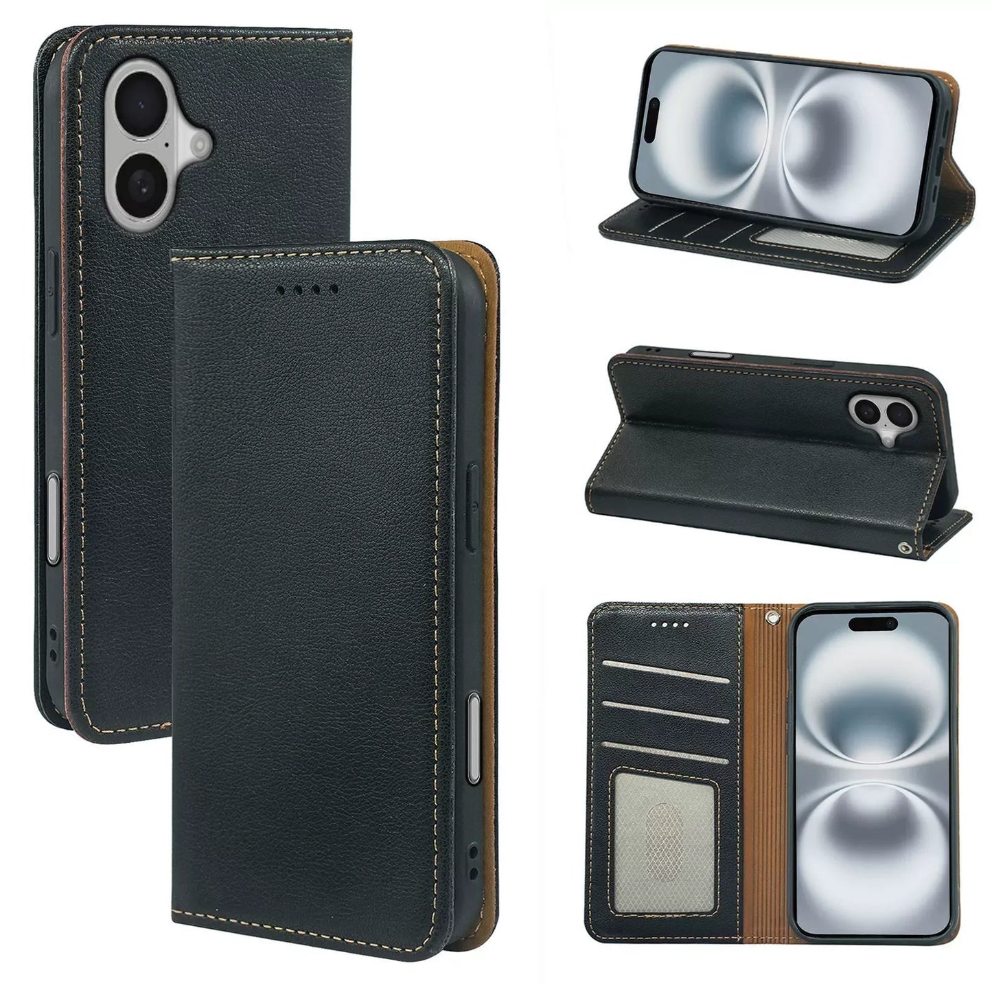 iphone 16e flip wallet case lichi grain finish with invisible magnetic closure (strong) & RFID blocking (w-015)