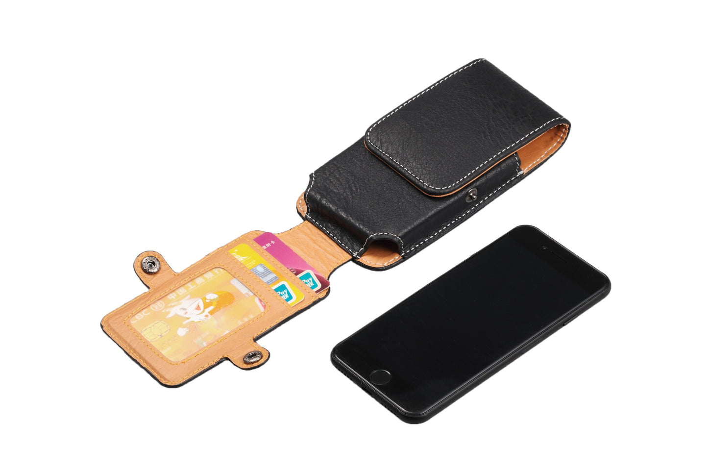 Multifunction PU Leather Phone Holster with Belt loop, Card Slots & Carabiner Hook black