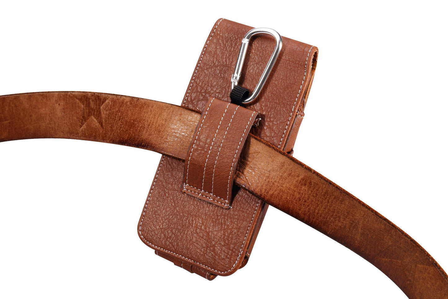 Multifunction PU Leather Phone Holster with Belt loop, Card Slots & Carabiner Hook brown