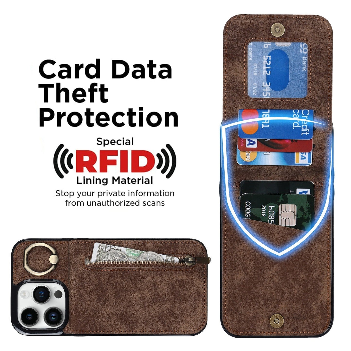 iphone 13 pro back wallet case with ring and zipper pocket RFID