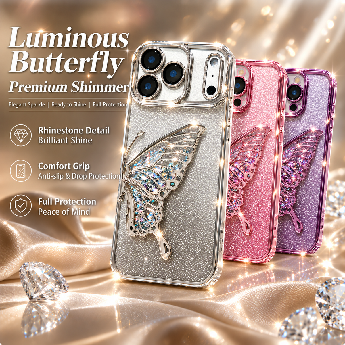 iphone 16 plus floating glitter butterfly case