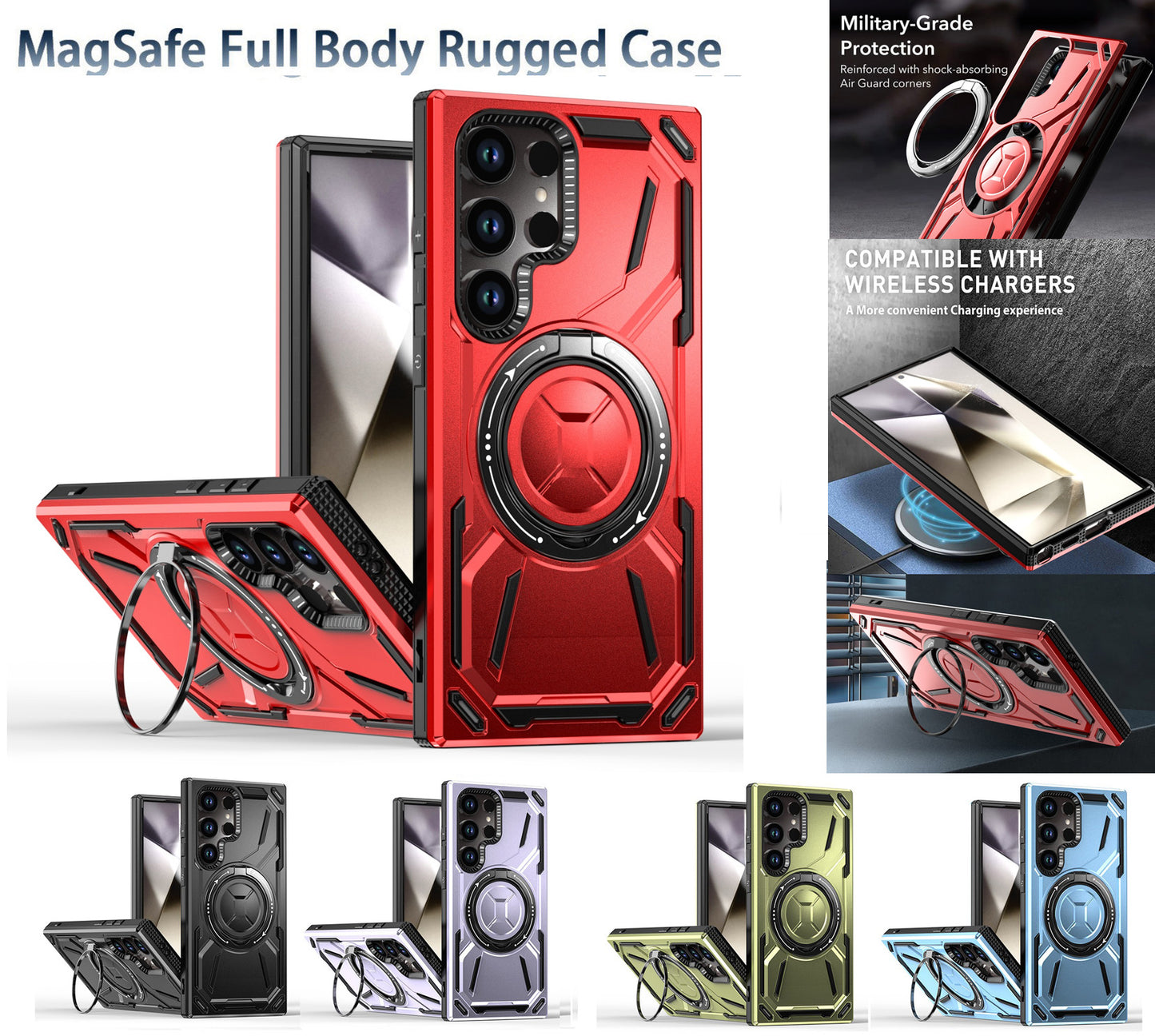 Samsung galaxy s26 plus Magnetic Case with rotating Ring Stand – Full Body Shockproof Rugged Cover, MagSafe Compatible (B011)