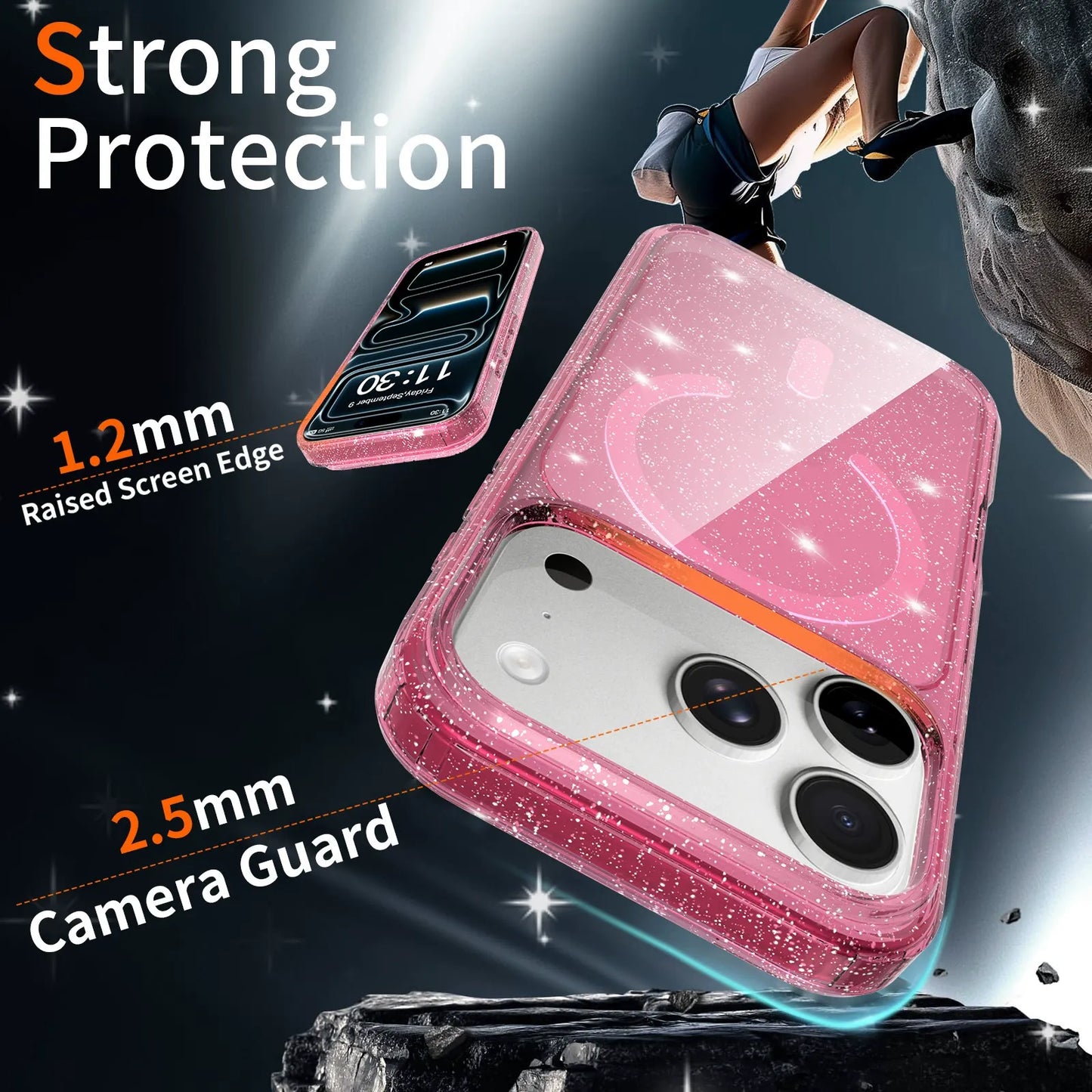 Magnetic Stardust Glitter Case pink raised edge and camera guard